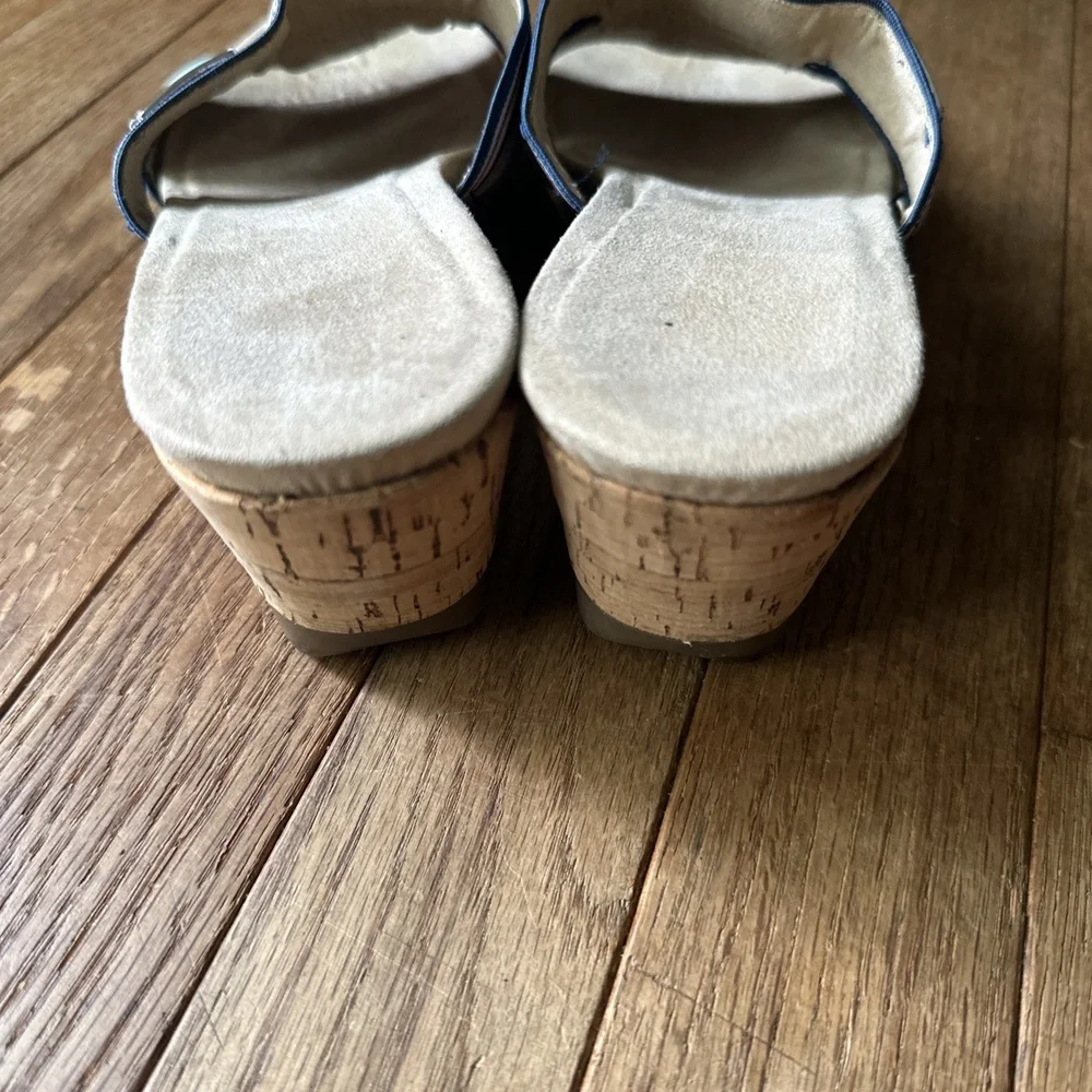 Anne Klein Wedge Sandals Size 7 Striped Sailor Chic Cork Heel Summer‎